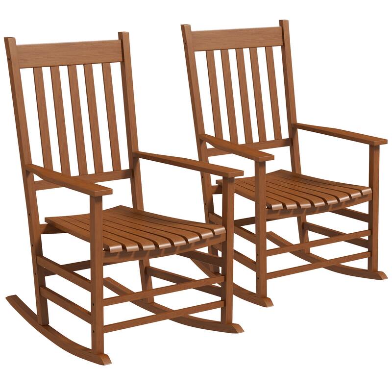 Outsunny 2 PCs Wooden Rocking Chair Set, Outdoor Rocker Chairs with Curved Armrests, High Back