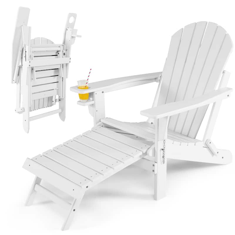 Costway Patio Folding Adirondack Chair HDPE All-Weather Pull-Out - 30''x 53''x 36.5'' - White