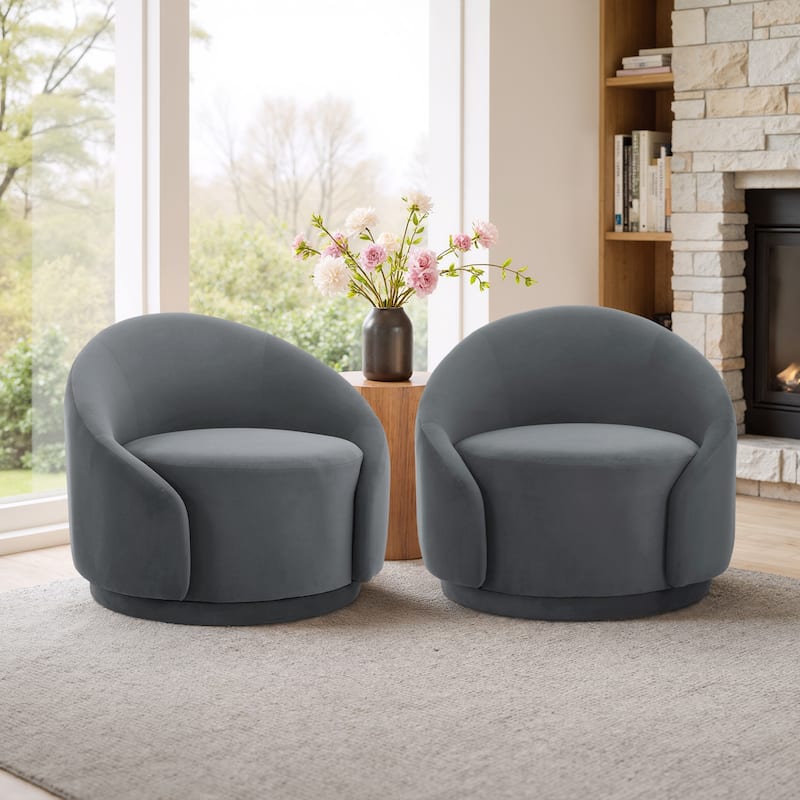 35" W Modern Upholstered Velvet/ Boucle Barrel Swivel Chair