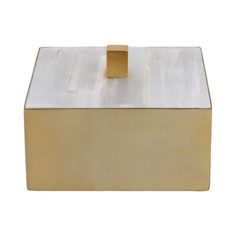 Stone Metal Decorative Box Square Selenite Stainless Steel Modern Glam - 6" x 6" x 4"