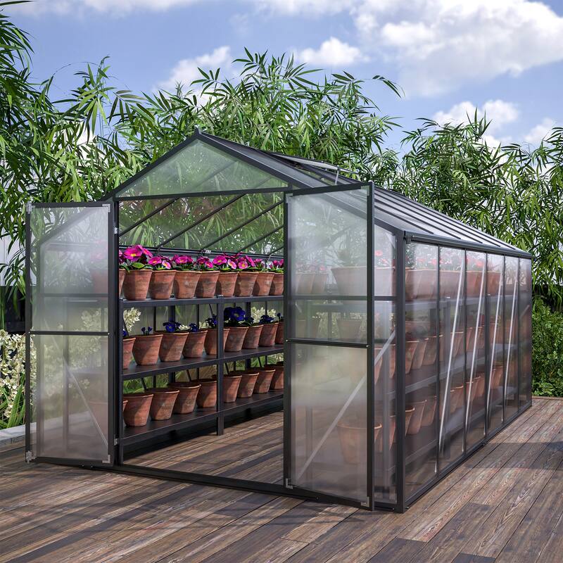8' x 12' Outdoor Greenhouse, Heavy Duty Polycarbonate Greenhouse, Large Walk-in Greenhouse with Double Doors - Black