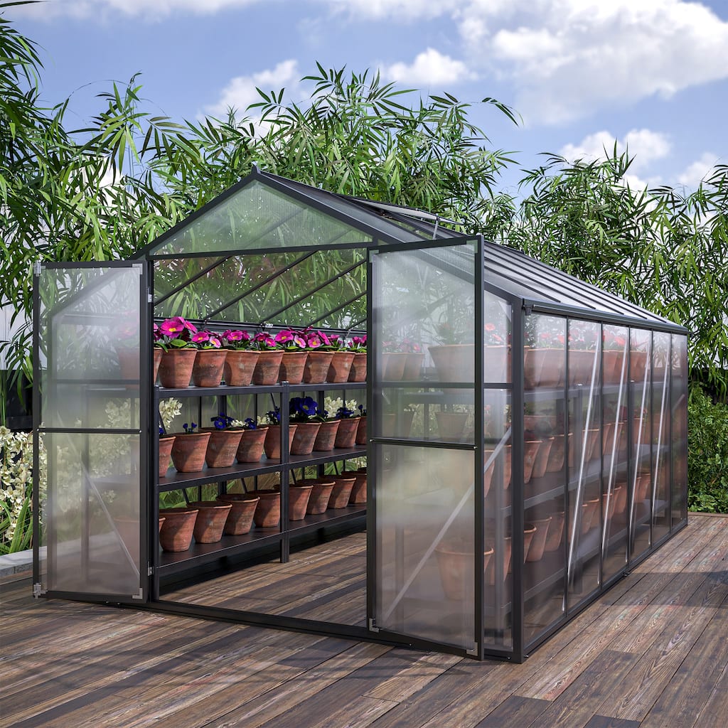 8' x 12' Outdoor Greenhouse, Heavy Duty Polycarbonate Greenhouse, Large Walk-in Greenhouse with Double Doors