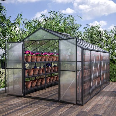 8'x 12'Outdoor greenhouse, heavy duty polycarbonate greenhouse, large walk-in greenhouse with double doors
