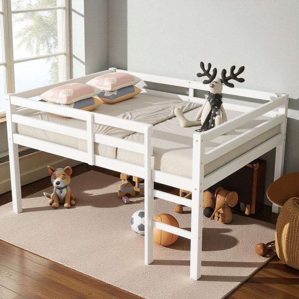 Full Size Loft Bed with Ladder, Solid Rubber Wood Frame Low Height Design with Guard Rails and Under-Bed Storage Space