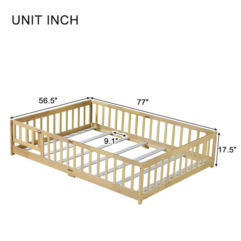 Floor Bed with Fence, Solid Rubber Wood Montessori Floor Bed with Safety Guardrails