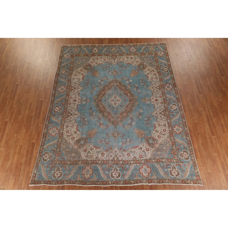Distressed Over-Dyed Tabriz Persian Rug Antique Blue Wool Carpet - 9'5"x 11'10"
