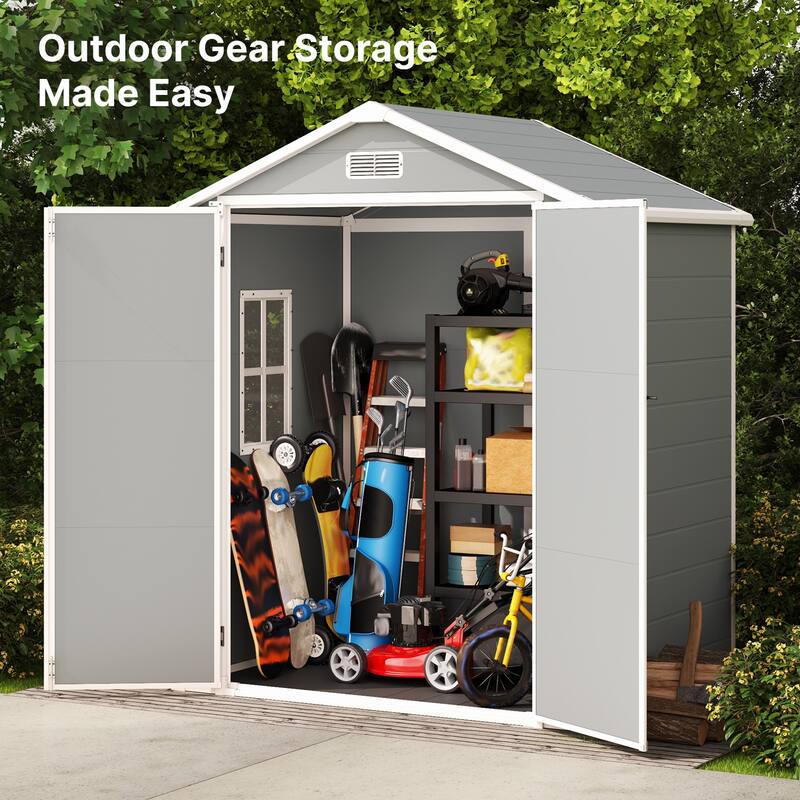 Durable Resin Outdoor Storage Shed with Floor, with Windows and Lockable Double Doors