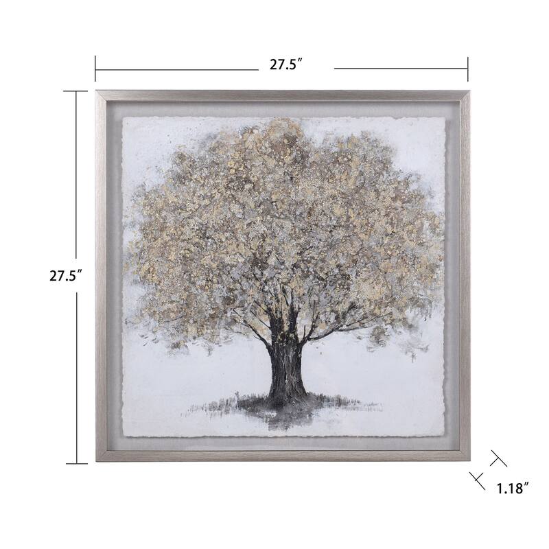 Gold Foliage - Shadow Box Wall Art With Foil On Rice Paper - Gray Wash Frame