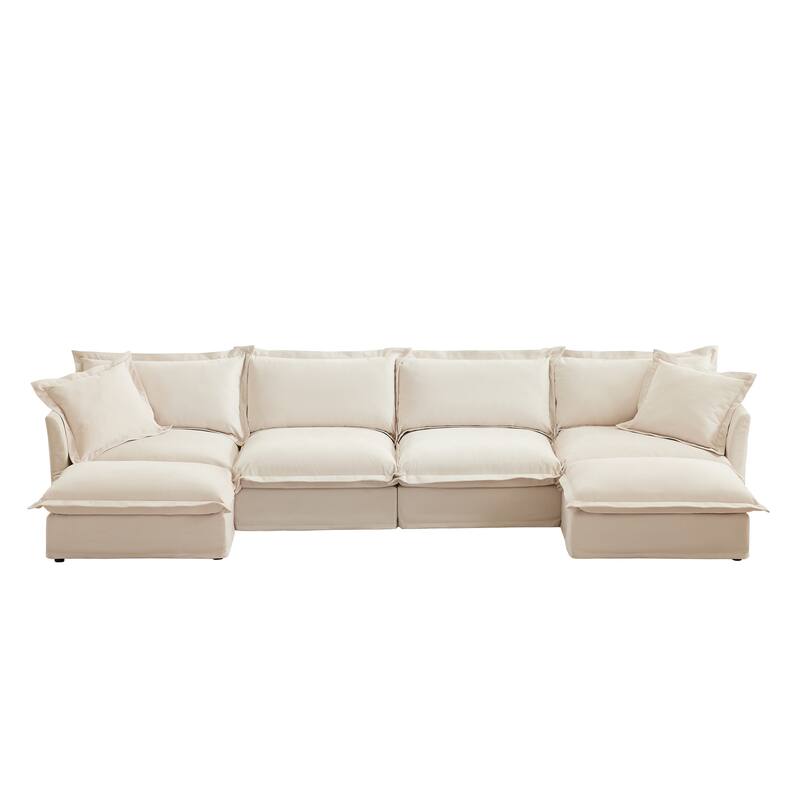 156.6" Chenille U-Shaped Sectional with 4-Seater and French Edge Pillows & Cloud Cushions