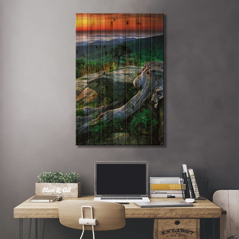 Sunrise Over The Fog-Covered Blue Ridge Mountains, Shenandoah National Park, Virginia, USA Print On Wood by Jay O'Brien