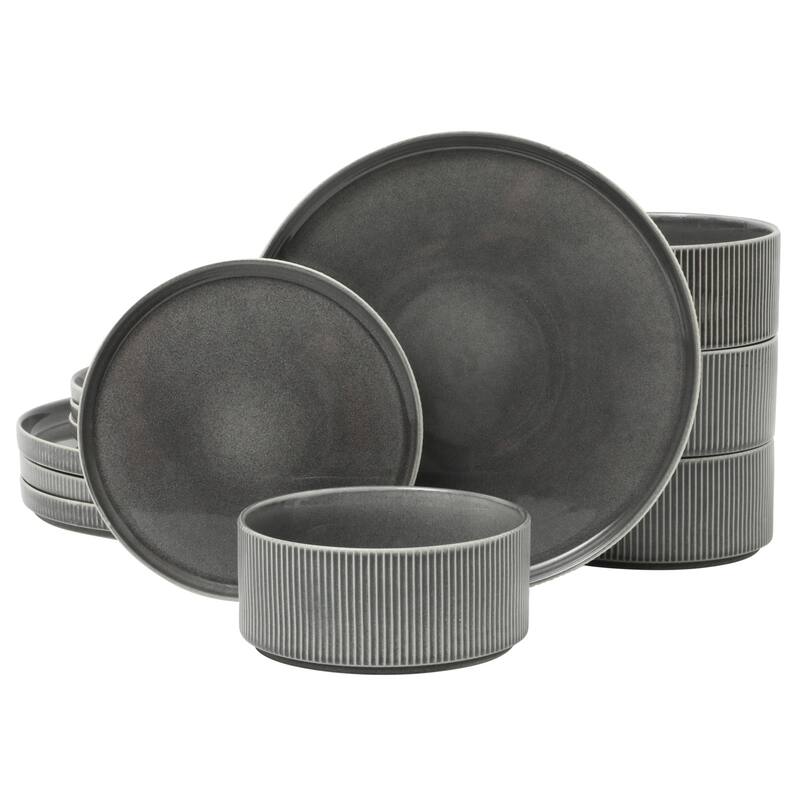 Gibson Elite Solana Coast 12 Piece Stoneware Reactive Glaze (Service for 4) Plates and Bowls Modern Shape Dinnerware Set
