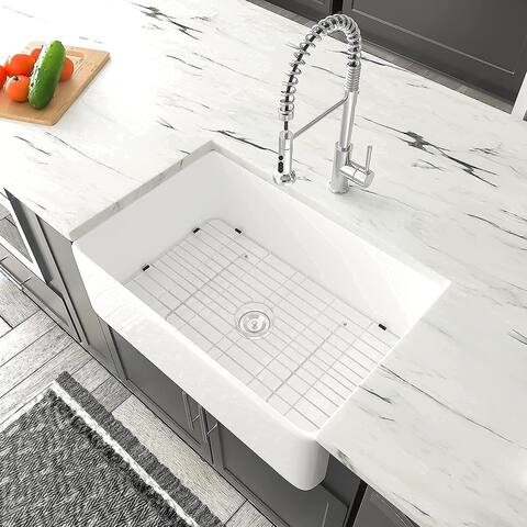 White Ceramic Single Bowl Farmhouse Apron-Front Kitchen Sink with Grid and Strainer