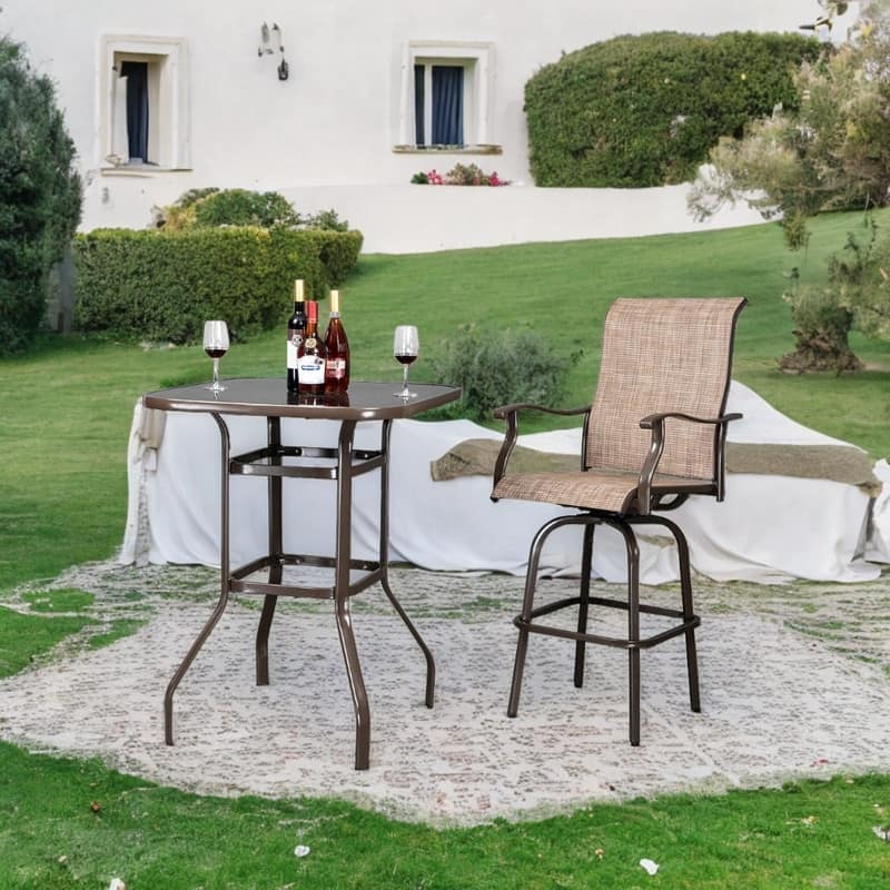 Wrought Iron Glass High Bar Table Patio Bar Table Brown