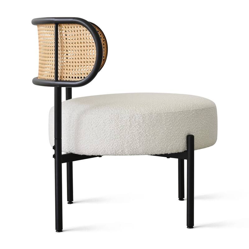 Boucle Upholstered Accent Chair with Rattan Back