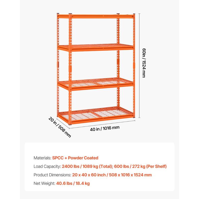 Orange Steel Garage Shelf with Hooks, Adjustable Garage Shelving