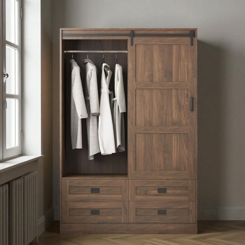 Tall Armoire Wardrobe Closet with Hanging Rod Barn Door 4 Drawers and 3 Open Shelves MDF Bedroom Storage Cabinet