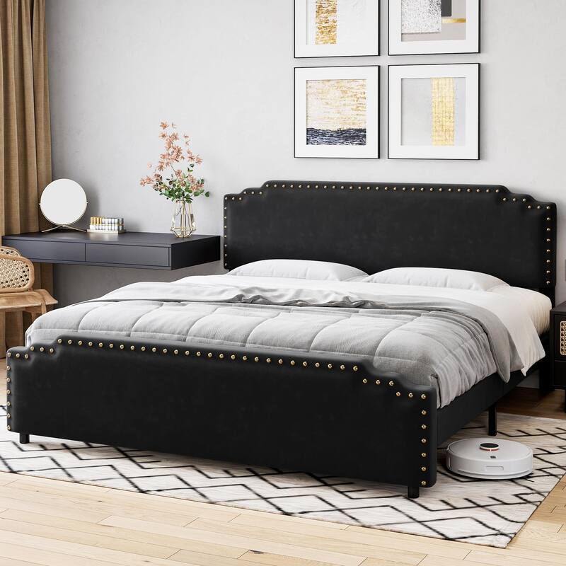 Velvet Upholstered Platform Bed Frame, No Box Spring Needed