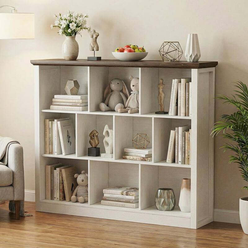 7/10 Cube Bookcase Organizer with Backpanel, 50" Wooden Storage Book Shelf for Living Room, Bedroom, Home Office, Kids Room - AntiqueWhite＆Brown - 10 Cube (13.4"D x 50"W x 38.6"H)