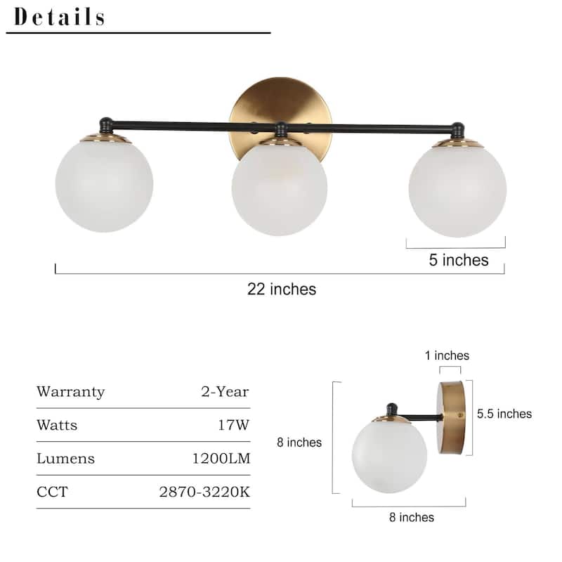 Modern 3-Light LED Bathroom Vanity Light in Black Brass with Frosted Glass Globe Shades