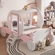 preview thumbnail 11 of 16, Twin Size Princess Bed with Crown and Wheel Decoration, Wooden Platform Carriage Bed Frame with Stair for Kids Bedroom