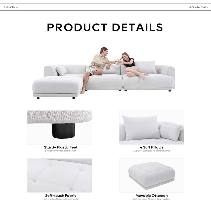Cloud Modular Sofa Sectional 144" with Ottoman - Plush Chenille Fabric Living Room Couch