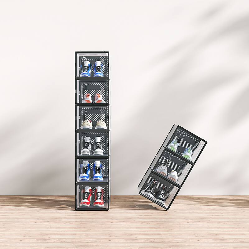18-Pack Black Stackable Shoe Storage Boxes and Breathable Plastic Grid for Closet or Home - 35 x 25 x 19 cm