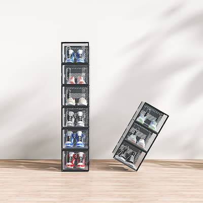 6-Piece Medium Black Plastic Mesh Shoe Box Set - 33x23x14cm, Modular Design for Home Storage - N/A