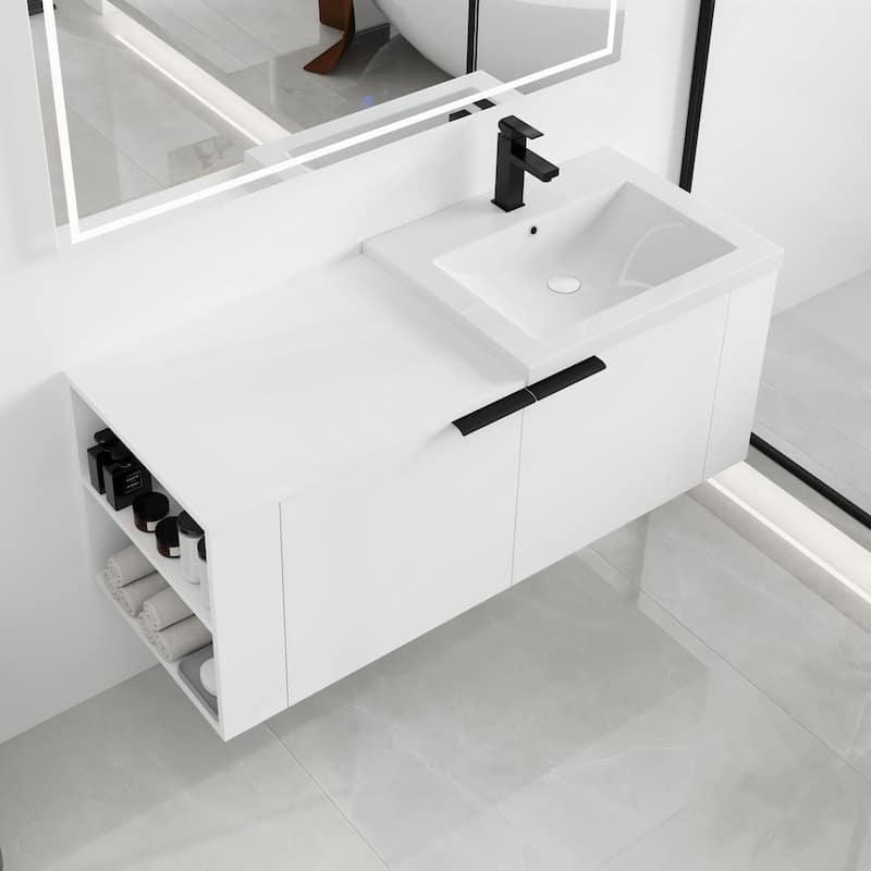 Malwee 48" Floating Bathroom Vanity,Wall Mounted Bathroom Vanity with Sink and 2 Side Shelf - 47.0"×18.0"×19.5" - White