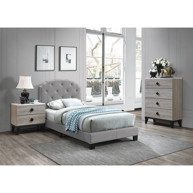 Light Gray Burlap Twin Bed with Nailhead Trim & Button Tufted Design!