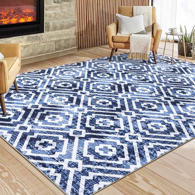 Geometric Area Rugs for Living Room Bedroom Distressed Washable Accent Rug Non-Slip Low Pile Carpet