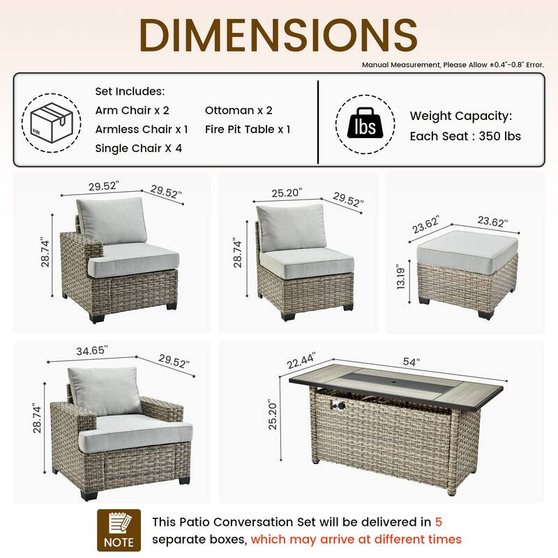 HOOOWOOO 10-piece Outdoor Wicker Wide Arm Patio Furniture Set with Fire Pit