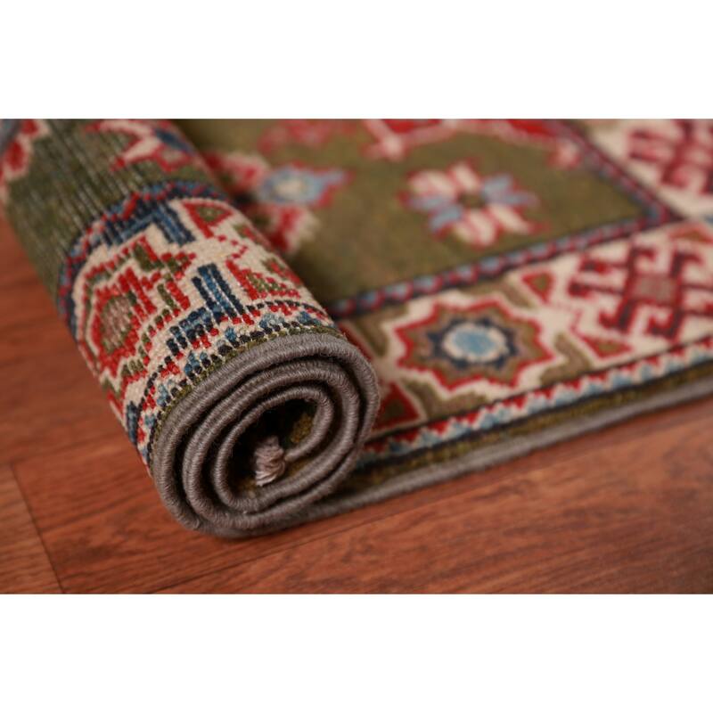 Green Kazak Oriental Foyer Rug Geometric Hand-Knotted Wool Carpet - 2'0"x 3'0"