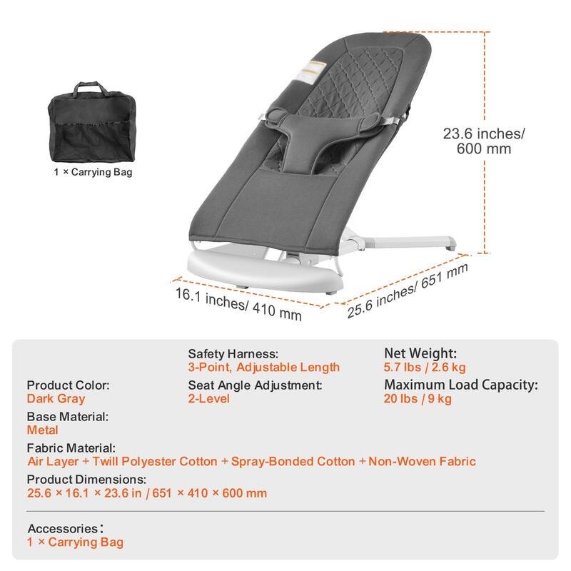 Dark Gray Metal Baby Bouncer with 2 Angles and 3-Point Harness - 25.6” L x 16.1” W x 23.6” H