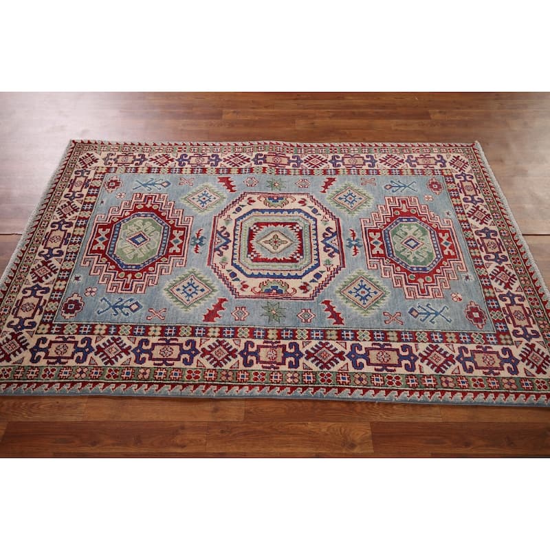 Light Blue Geometric Kazak Oriental Rug Handmade Bedroom Wool Carpet - 3'11" x 6'0"