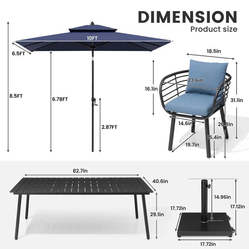 11-Piece Outdoor Patio Dining Set with Sunbrella Cushion Aluminum Dining Table and Chairs w/10 ft Umbrella and Base with Wheels