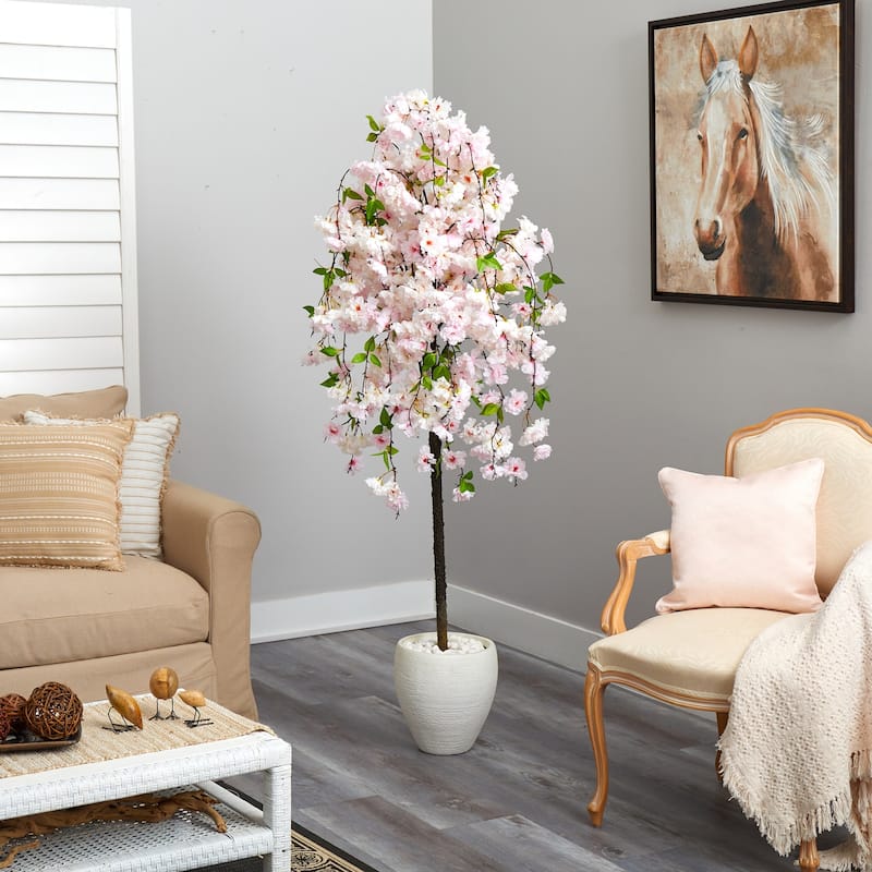 Artificial Cherry Blossom Tree 70 Inch Indoor Plant with Planter, Decorative Silk Tree for Home Office Decor