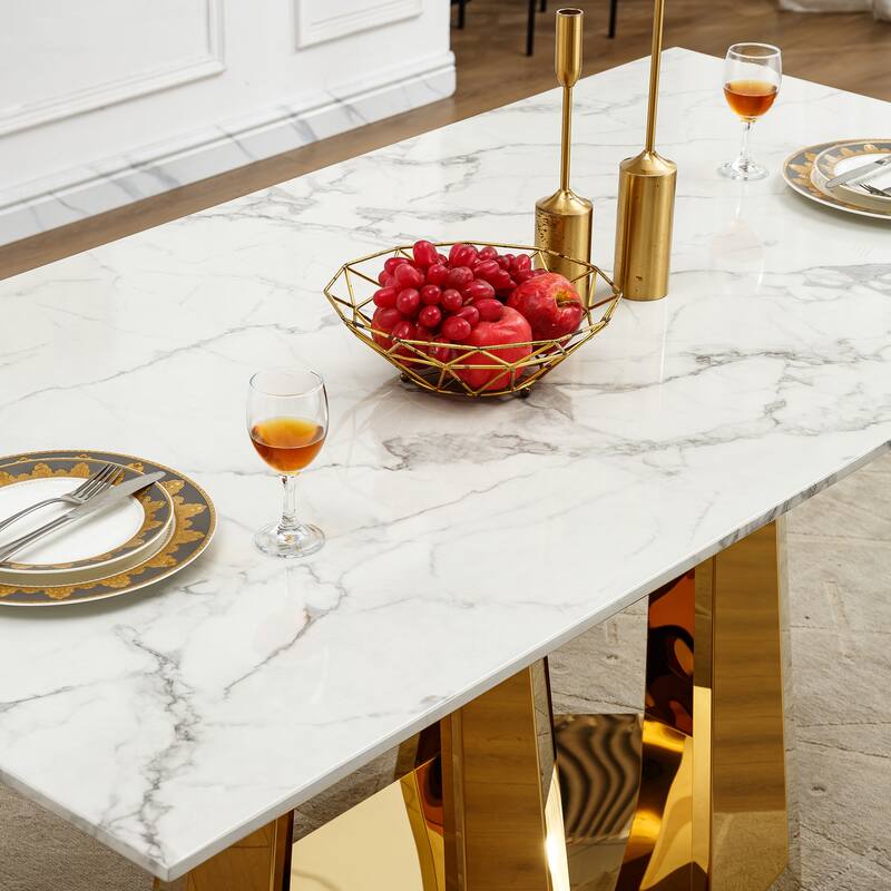 70'' Rectangle Faux Marble Dining Table with Mirrored Finish Stainless Steel Base - Gold+White