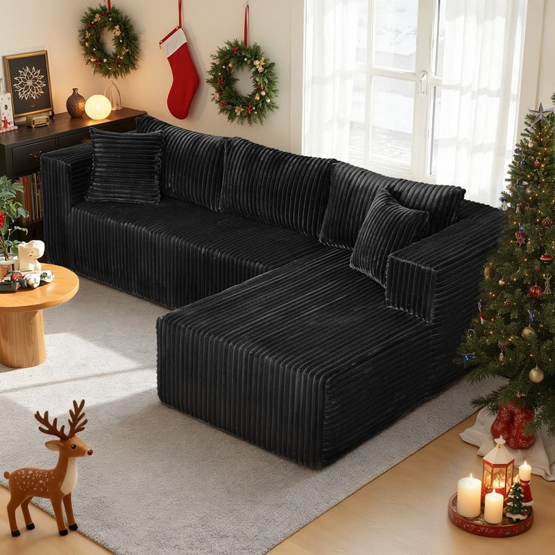105.11 in. Wide Square Arm 2-Piece Modern Plush Fabric L-Shape Modular Sectional Sofa with Chaise - Black-Left Chaise