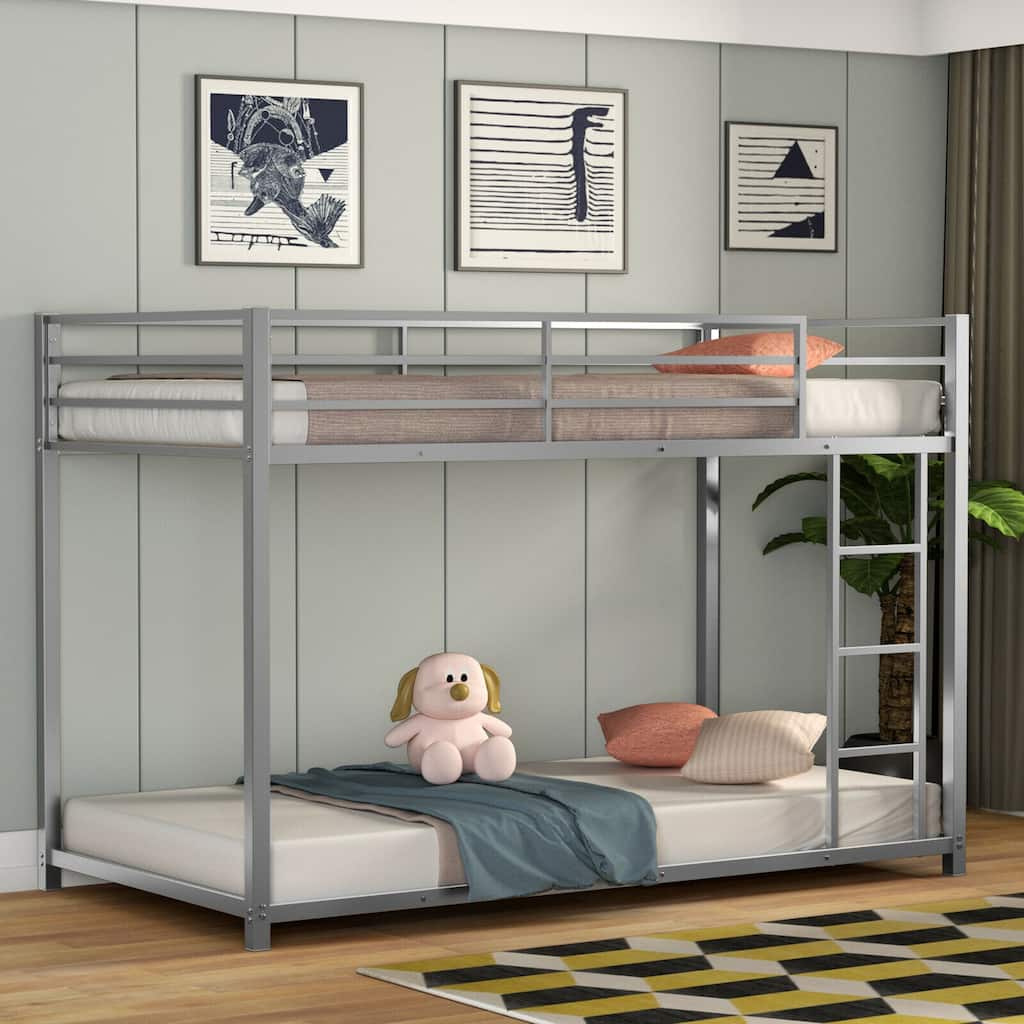 Gymax Twin Bunk Bed Twin Over Frame Platform W/ Guard Rails & Side