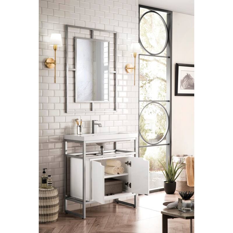 James Martin Vanities Boston 31.5" Stainless Steel Sink Console, Brushed Nickel w/ White Glossy Composite Stone Top