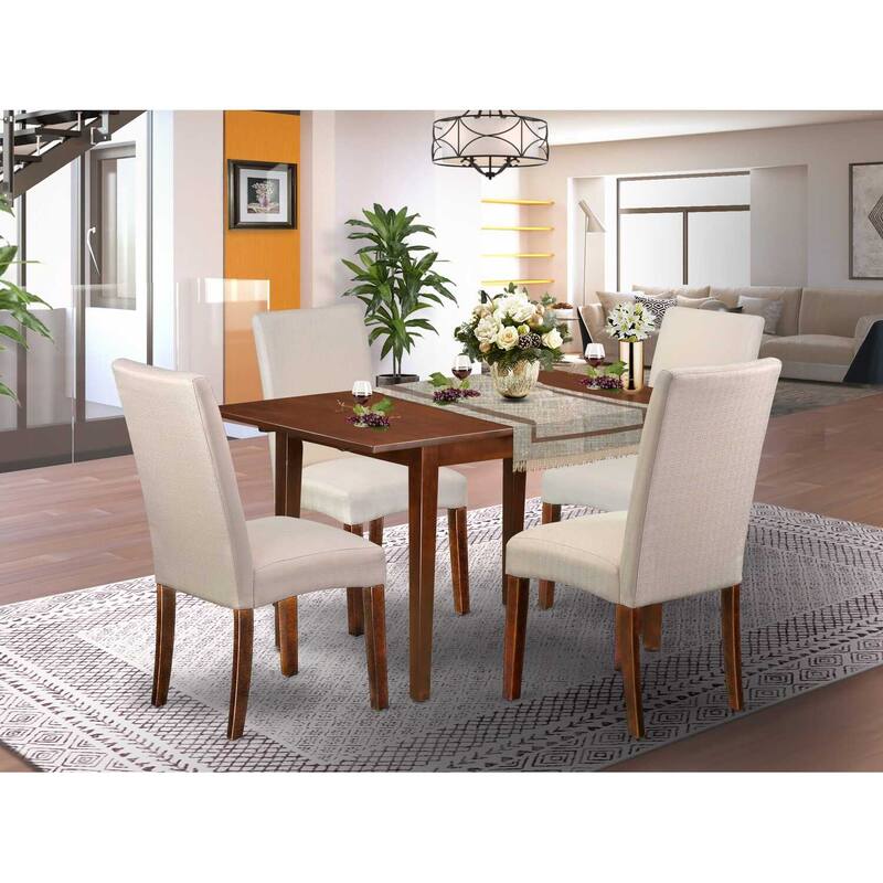 Vintage Dinette Set 5Pc Rectangle Table & 4 Chairs - Linen Fabric Cream - Mahogany Legs - 42" Table with Leaf