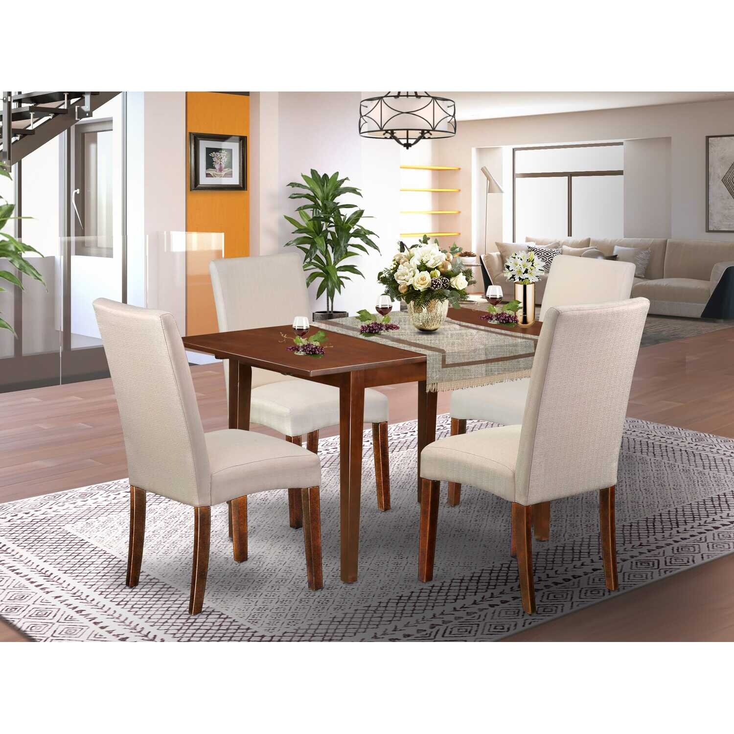 Vintage Dinette Set 5Pc Rectangle Table & 4 Chairs - Linen Fabric Cream - Mahogany Legs - 42" Table with Leaf - Mahogany, Cream