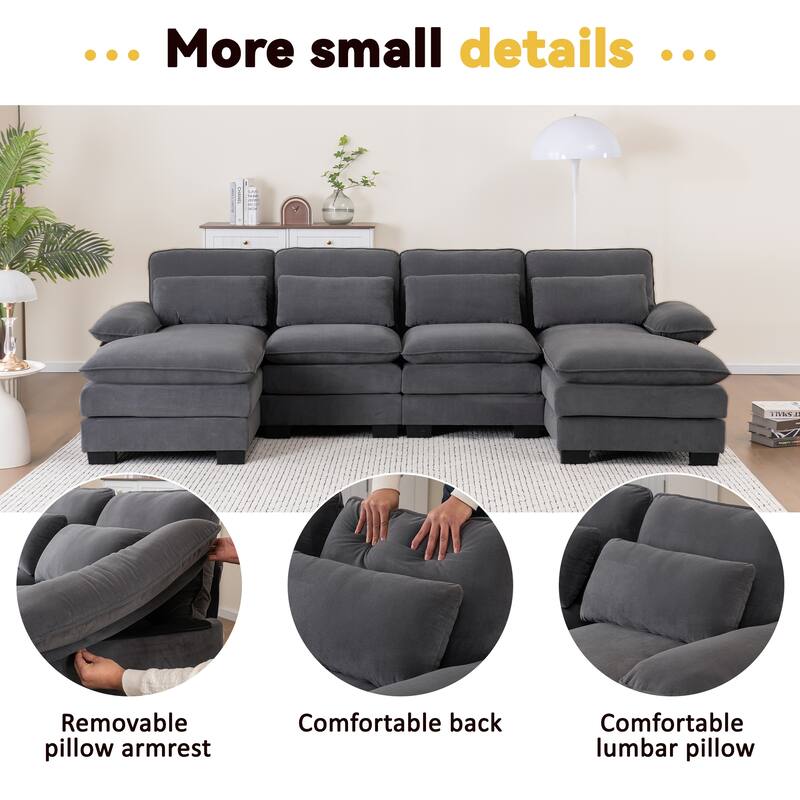 U Shape 111.8"Modern Comfort Combination Sectional Sofa,4-seat Velvet Fabric Upholstered Sofas with Chaise Lounge & Pillows