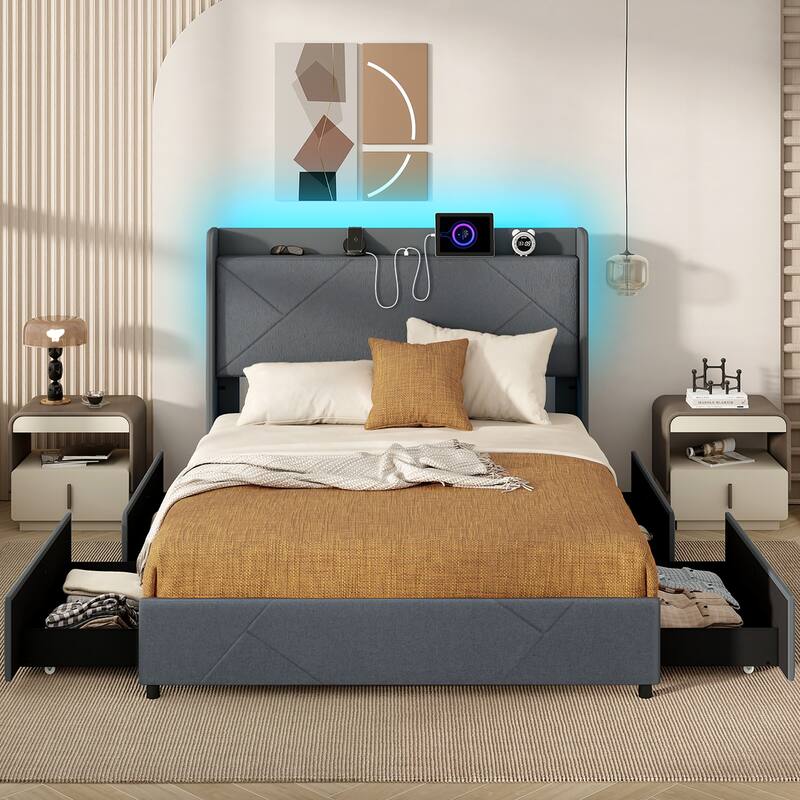 Gymax Bed Frame w/LED Lights Charging Station 2 Storage Pockets & 4