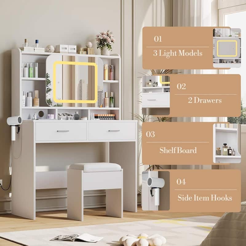 2 Drawer Vanity Desk Makeup Table with Charging Station, Storage Shelves