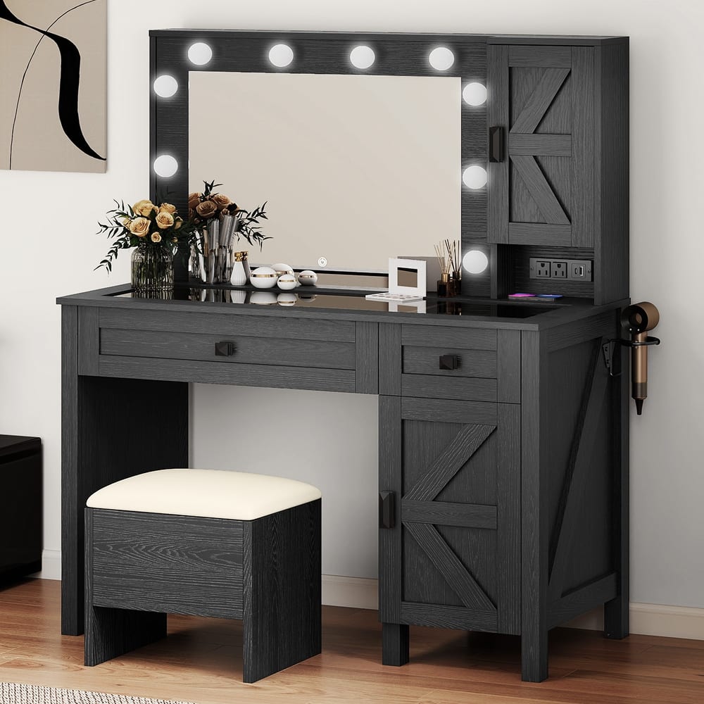 Moasis Farmhouse Makeup Vanity Desk Set with Mirror and Lights, Charging Station and Storage Stool