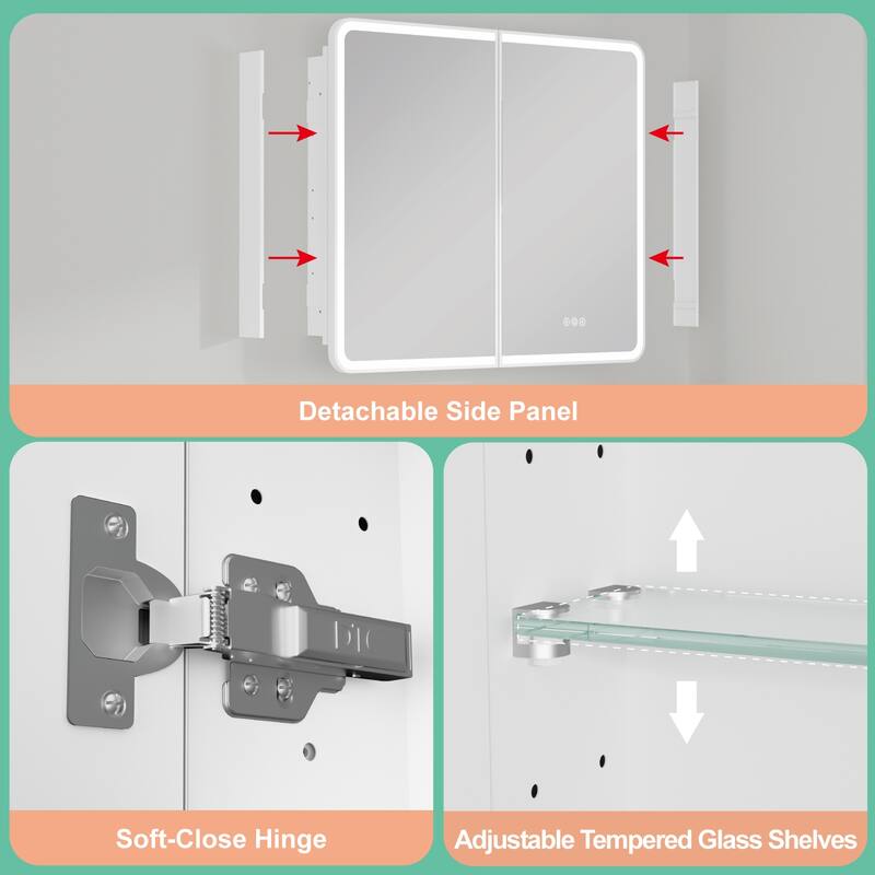 Milo LED Iron Medicine Cabinet with Mirror, Dimmable, Anti-fog, Adjustable Glass Shelves, Recessed or Surface Mount