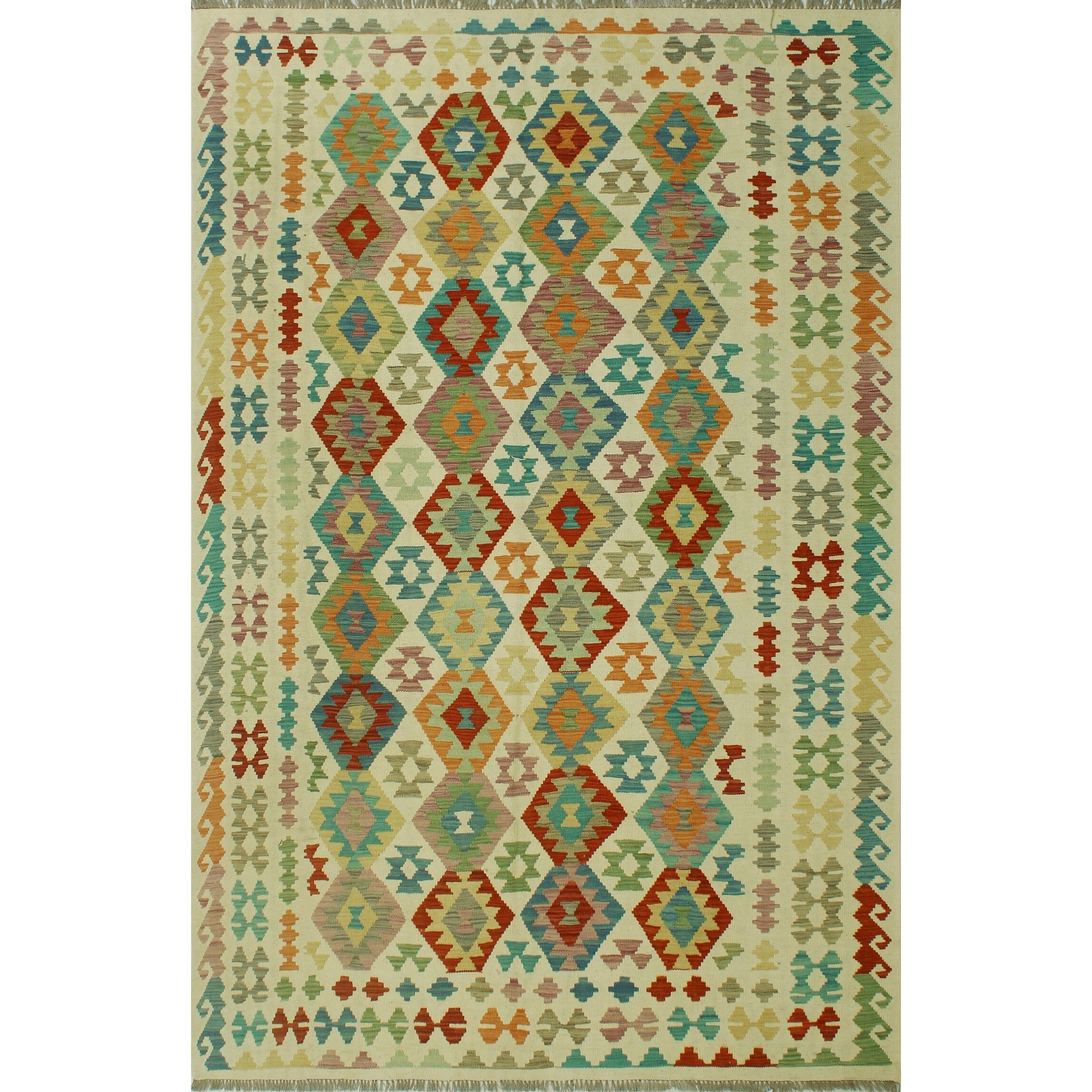 Hand-Woven Sangat Kilim Kendel Ivory/Rust Rug - 6'8