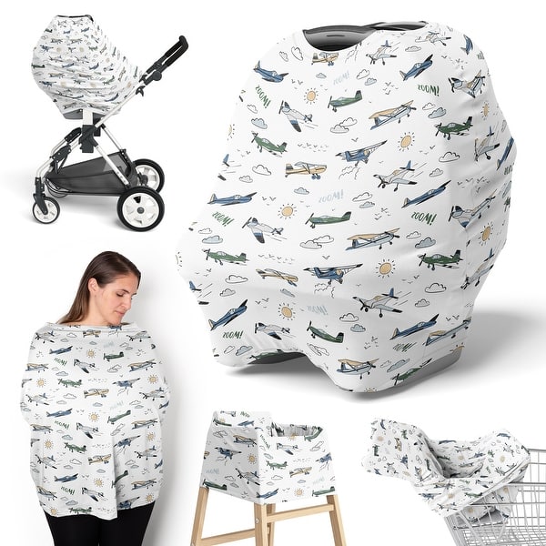 slide 2 of 6, Sweet Jojo Designs Green Vintage Airplane Boy 5 in 1 Baby Car Seat and Nursing Cover Airplanes Transportation Clouds Aviator Sun