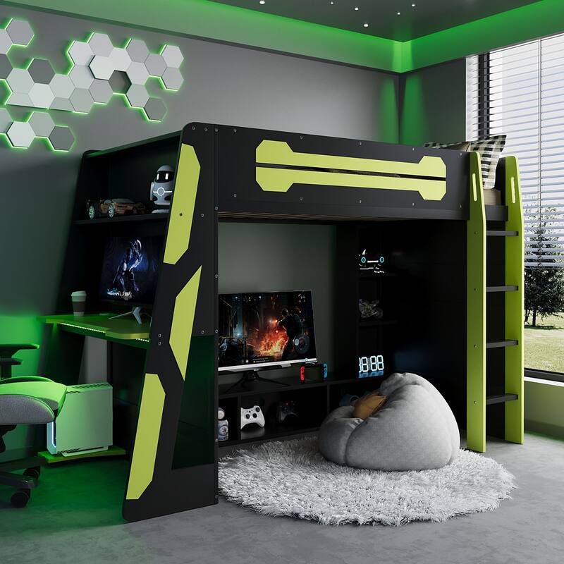 Esports Twin Loft Bed with Desk, Multi-storage Shelves and Light Strip